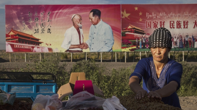 An ethnic Uighur woman operates fruit stand in front of billboard of late Chinese Party leader Mao Zedong.