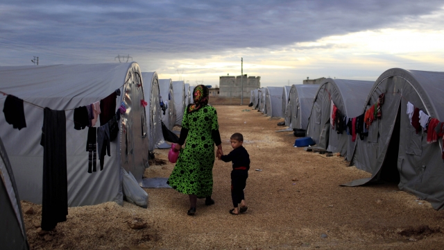 A Kurdish refugee mother and son in a camp in southeastern Turkey