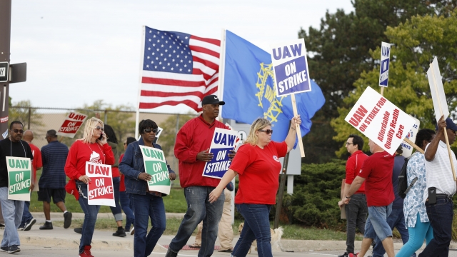 Striking United Auto Workers union members at the General Motors Detroit-Hamtramck Assembly Plant in Detroit, Michigan