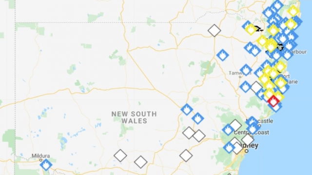 NSW Rural Fire Service's graphic of where fires are located Sunday morning