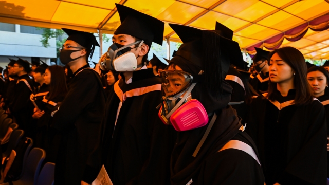 Students in gas masks at a campus protest