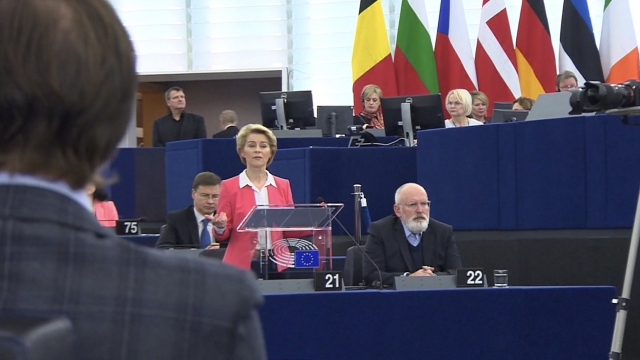 European Commission President Ursula von der Leyen makes a speech.