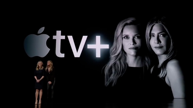 Actresses Reese Witherspoon and Jennifer Anniston help introduce Apple TV Plus.
