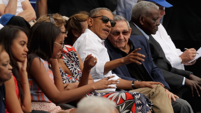 President Obama attends baseball game in Havana with Cuban leader Raul Castro in 2016.