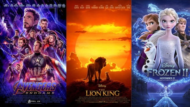 Promotional posters for "Avengers: Endgame," "The Lion King" and "Frozen II"