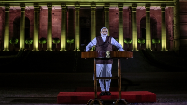 Narendra Modi addresses media outside the President House