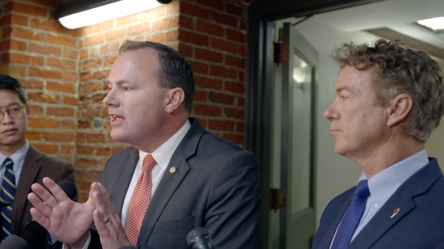 Sens. Mike Lee, R-Utah and Rand Paul, R-Ky. speak to reporter after a briefing on a U.S. military strike against Iran.
