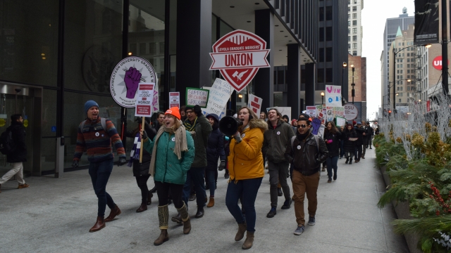 Graduate students protests against NLRB's proposed ruling in downtown Chicago, Nov 2019