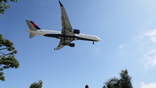 A Delta Airlines plane in the air