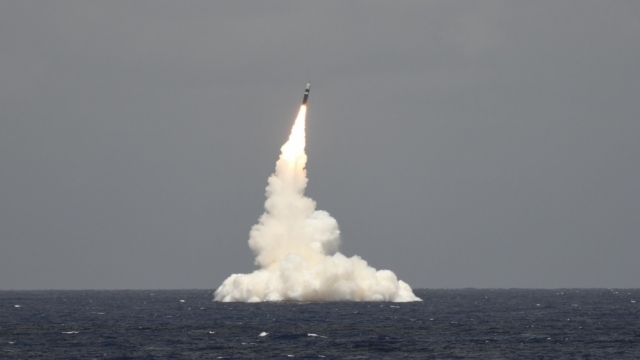 USS Rhode Island ballistic missile submarine launches Trident II missile on May 9, in newly released photo.