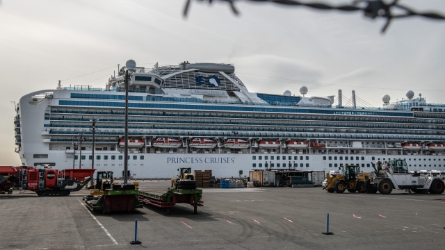 The Diamond Princess cruise ship docked in a Japanese port