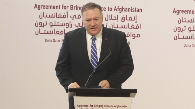 Mike Pompeo speaking during the agreement signing