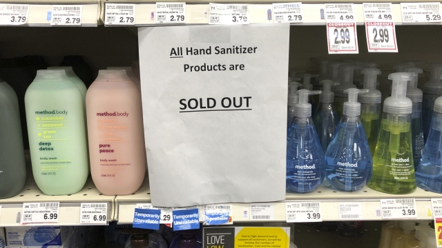 Sign on a shelf saying hand sanitizer is sold out at a store in Washington