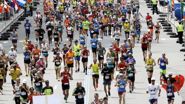 Runners in the 121st Boston Marathon
