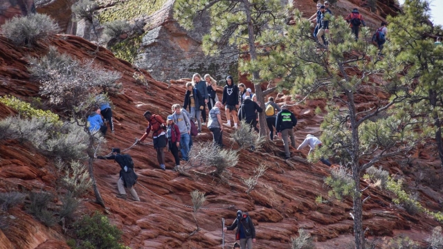 People crowd Angels Landing at Zion National Park on Saturday