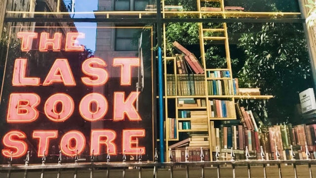The storefront window of The Last Bookstore in Los Angeles.