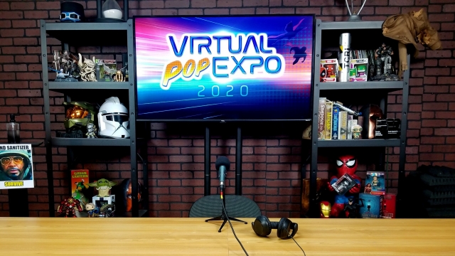 TV behind desk displays "Virtual Pop Expo" logo.