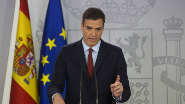 Spain's Prime Minister Pedro Sanchez delivers a speech.