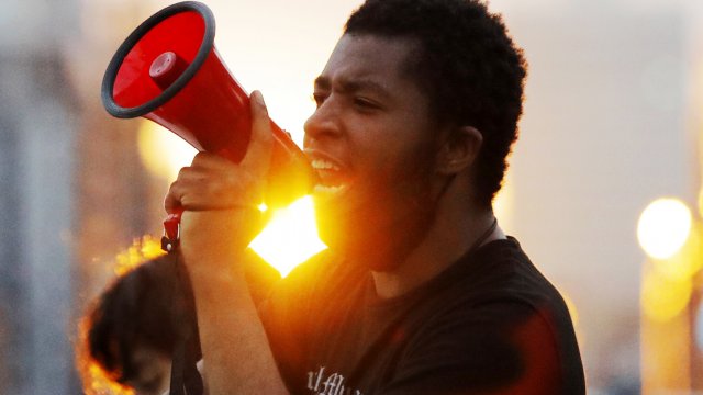 A protest leader with megaphone