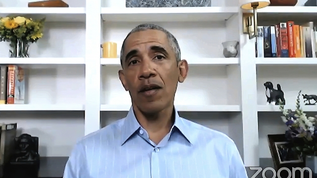 In this image from video provided by My Brother's Keeper Alliance and The Obama Foundation, former President Barack Obama