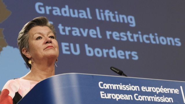 European Commissioner for Home Affairs Ylva Johansson listens to a question during a video press conference