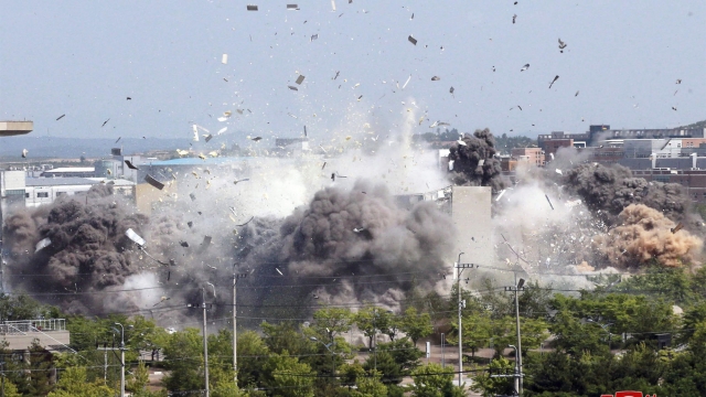 This photo provided by the North Korean government shows the demolition of an inter-Korean liaison office building.
