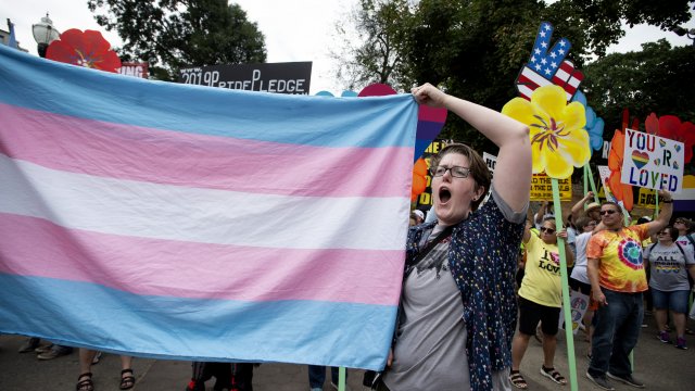 A supporter for the transgender community holds a trans flag.