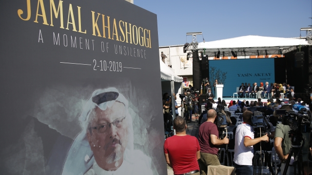A picture of JAmal Khashoggi stands during one year anniversary memorial