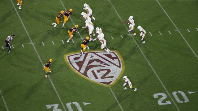 This Thursday, Aug. 29, 2019, file photo, shows the Pac-12 logo during the second half of an NCAA college football game