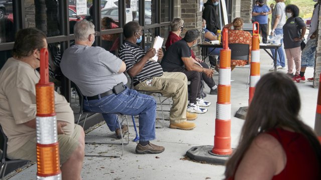 Job seekers wait in line at the Heartland Workforce Solutions office in Nebraska