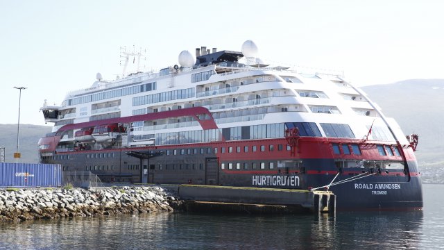 Norwegian cruise ship MS Roald Amundsen moored in Tromso, Norway, Monday Aug. 3, 2020.