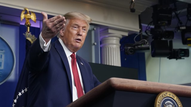 President Donald Trump speaks at a news conference in the James Brady Press Briefing Room at the White House, Monday, Aug. 10