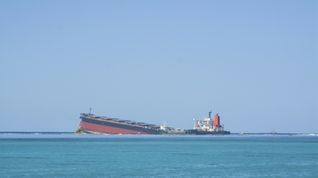 The MV Wakashio, a bulk carrier ship that recently ran aground off the southeast coast of Mauritius.