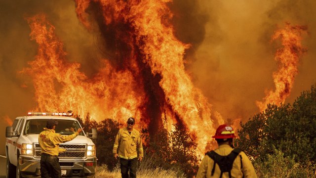 Wildfires blaze as firefighters stand before it