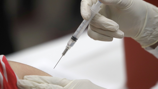 A flu shot is administered into a person's upper arm.