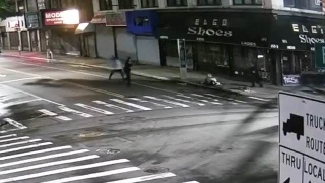 Closed-circuit television footage of a knife attack on NYPD officers from June 3 in Brooklyn.