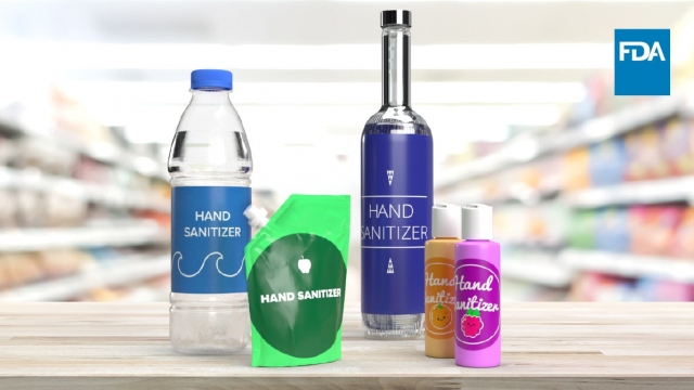 Some hand sanitizers packaged in bottles that appear to be consumable.