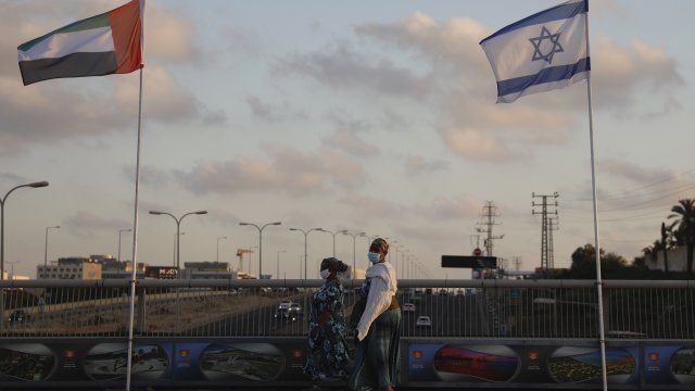 United Arab Emirates and Israeli flags fly on Israel "Peace Bridge"
