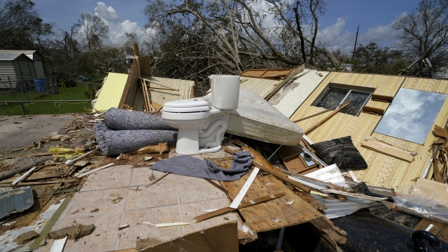 Remnants of a half-destroyed mobile home are seen in Lake Charles, LA.