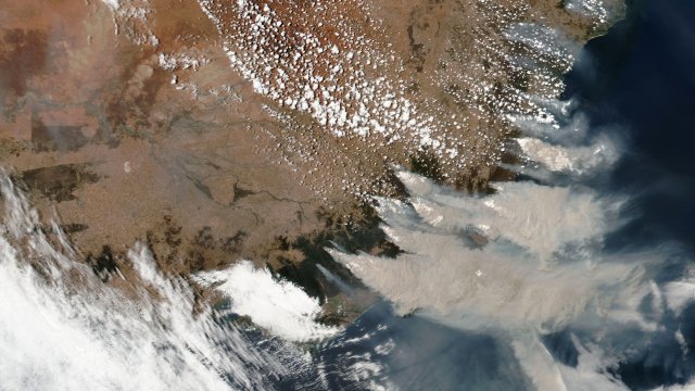 This satellite image provided by NASA shows smoke from wildfires in Victoria and New South Wales, Australia.