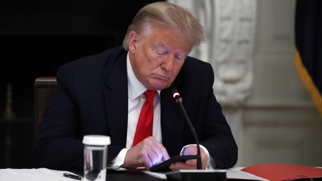 President Donald Trump looks at his smartphone