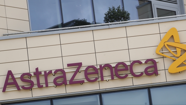 The AstraZeneca offices and the corporate logo in Cambridge, England.