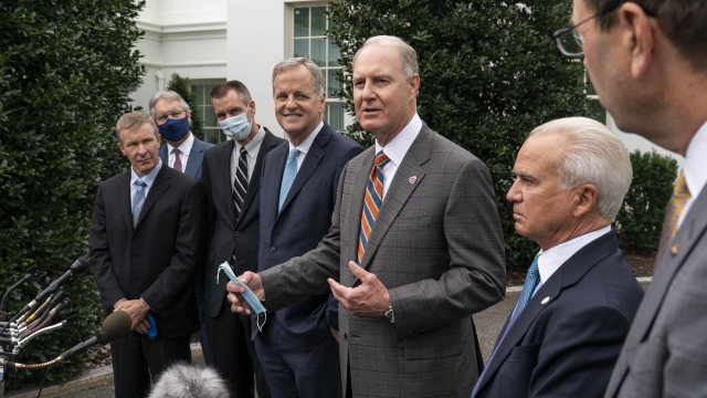 Airline CEOs speak with reporters after a meeting with White House Chief of Staff Mark Meadows.