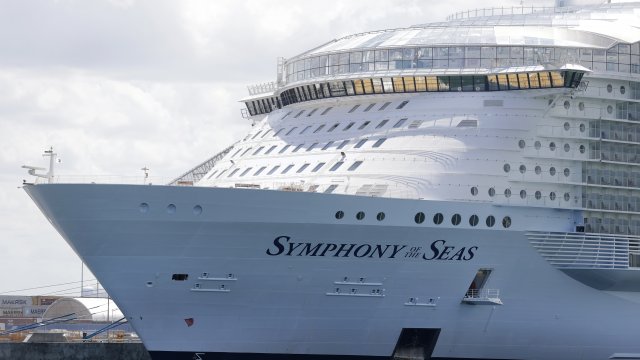 The Symphony of the Seas cruise ship is shown docked at PortMiami in Mianmi.
