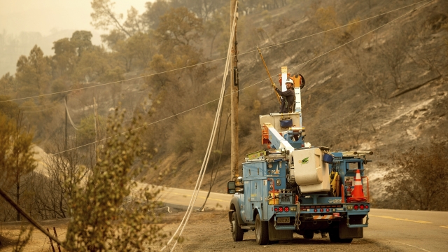 As the LNU Lightning Complex fires burn nearby, a PG&E worker clears a power line blocking a roadway