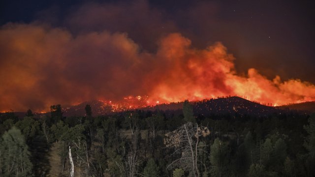 Flame are visible from the Zogg Fire on Clear Creek Road near Igo, Calif.