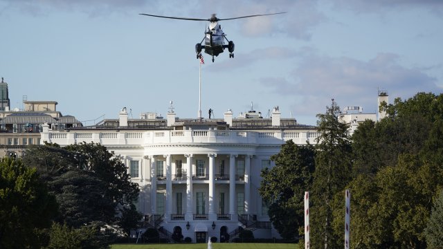 Marine One lifts off from the White House to carry President Donald Trump to Walter Reed National Military Medical Center.