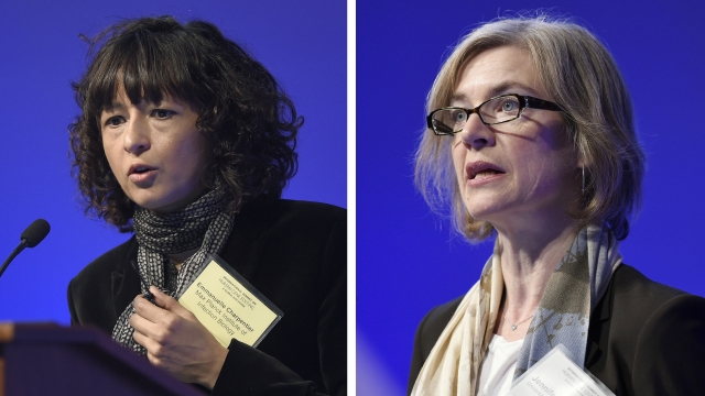 This Tuesday, Dec. 1, 2015 file combo image shows Emmanuelle Charpentier, left, and Jennifer Doudna.