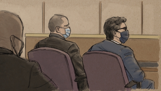 Courtroom sketch of former Minneapolis police officer Derek Chauvin alongside his defense attorney.