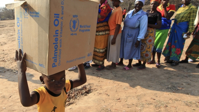 Child carries World Food Program box in Zimbabwe